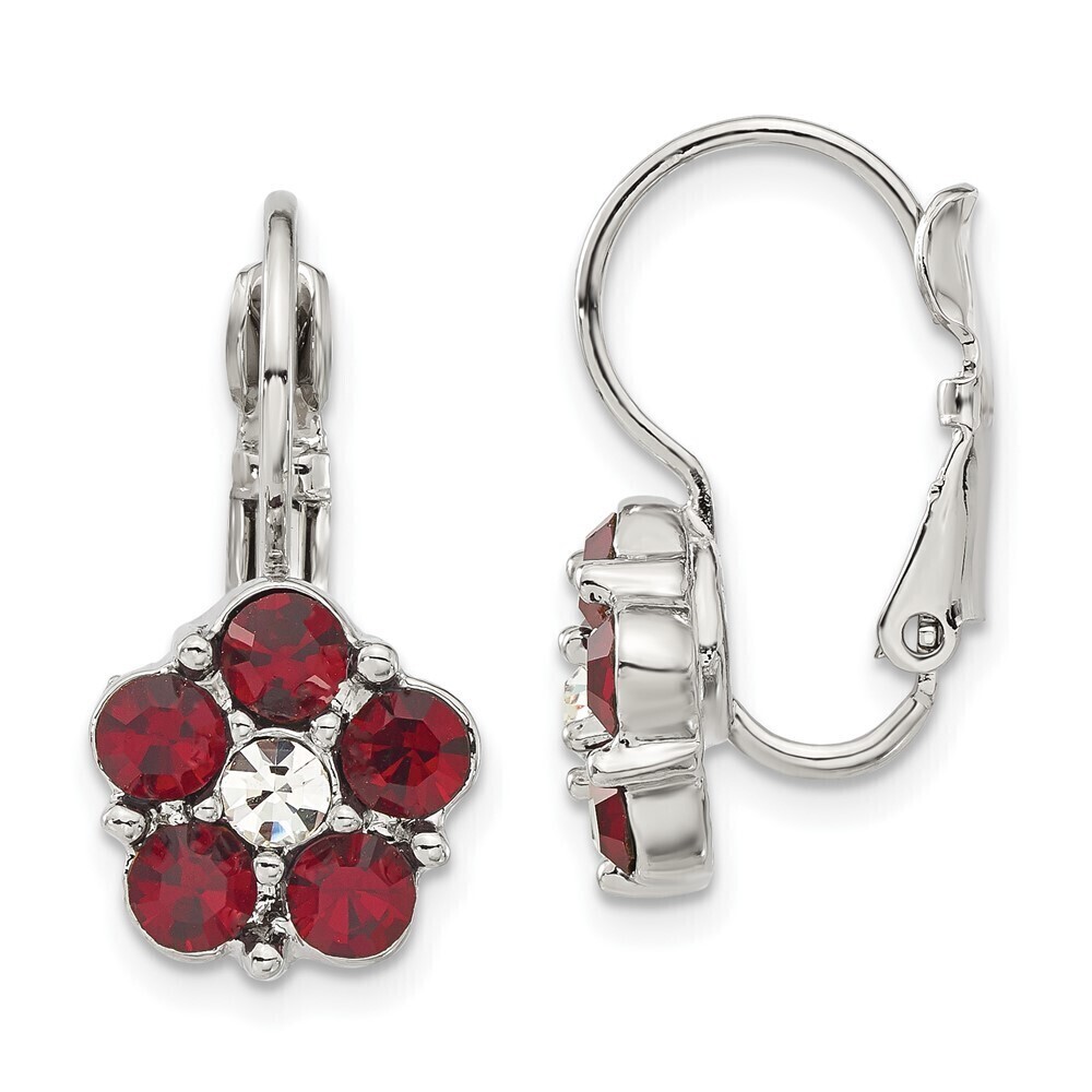 1928 Silver-tone Flower Shape Red and Clear Epoxy Stone Leverback Earrings